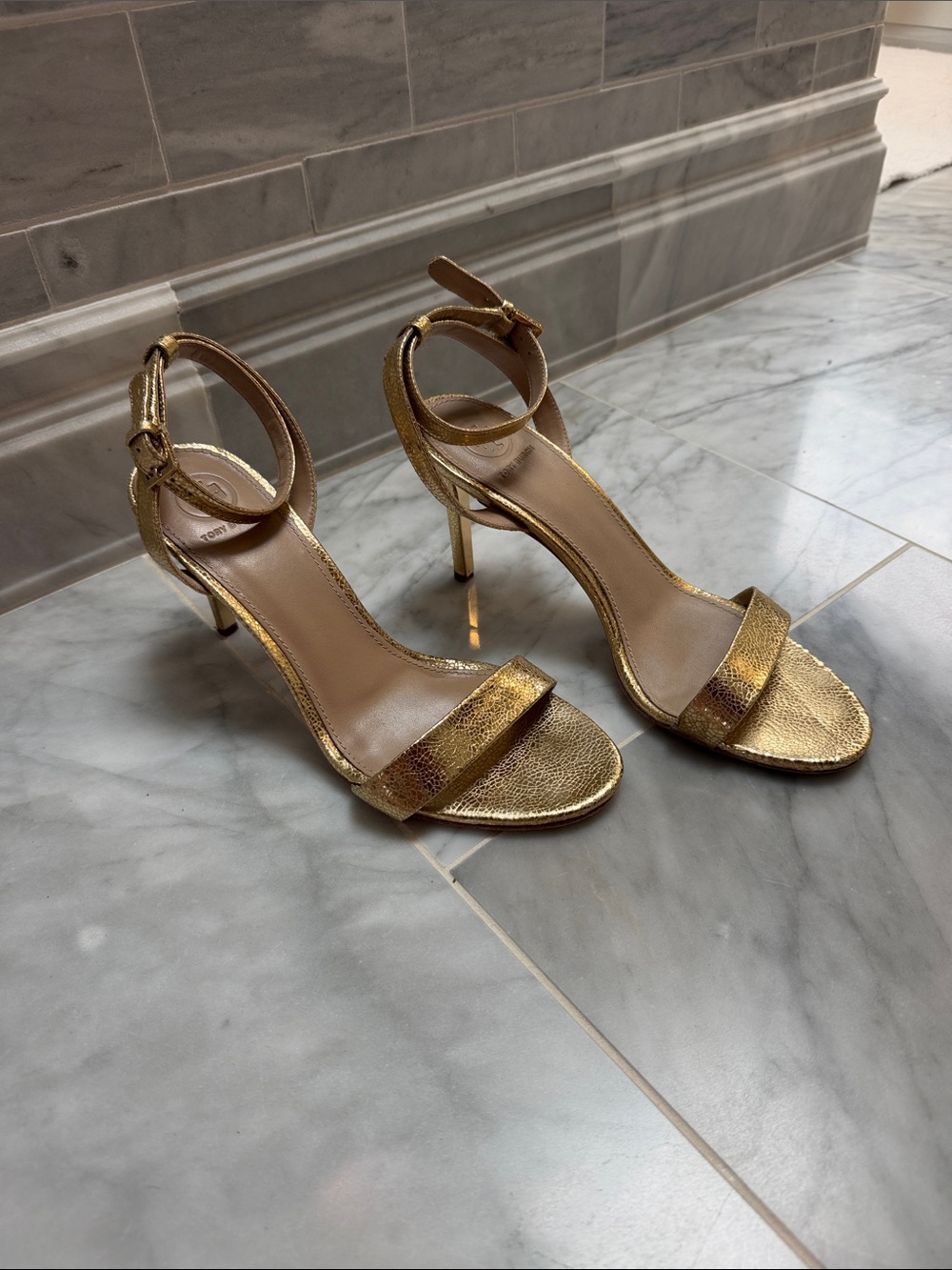 Tory Burch Gold Metallic Ankle-Strap Stiletto Sandals - Women